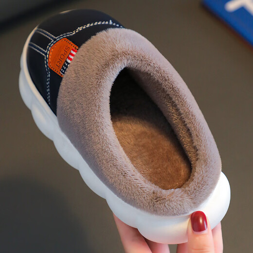 Candy astringent adult and child parent-child home winter warm cotton shoes PU leather waterproof non-slip soft bottom cotton slippers for men and women 1688 leather slippers - blue 34-35 yards inner length 21cm