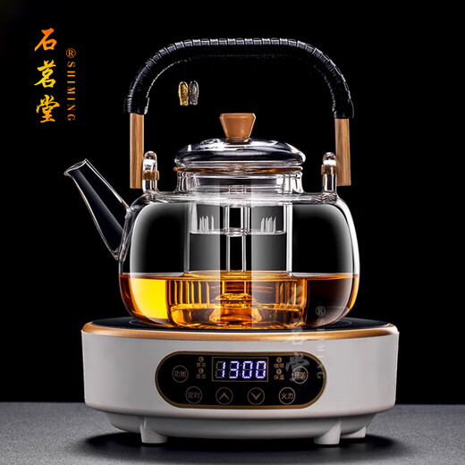 Shimingtang high-end new glass steaming integrated teapot fully automatic electric ceramic stove boiling water tea set tea making set household set large Zen pot + smart wood grain color stove