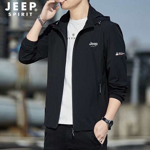JEEP SPIRIT sun protection clothing men's summer ice silk thin breathable jacket men's removable hood high elastic sports fishing sun protection clothing black L
