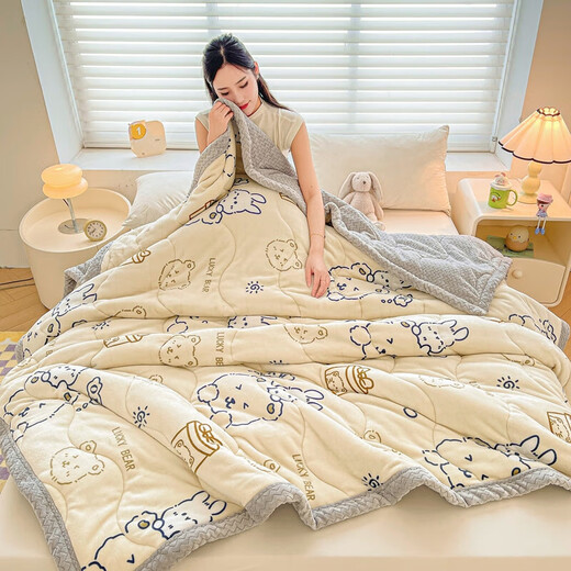 Yalu Class A Baby Coral Velvet Blanket Winter Thickened Nap Office Air Conditioning Sofa Small Quilt Shawl Throw Blanket Three-layer Blanket-Bunny Bear-Grey Class A Thickened Baby Blanket 100x150cm-Anti-static and No Shedding