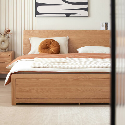 Lit d'origine en bois massif massif moderne simple petite chambre appartement double en chêne haut en chêne lit de rangement L701f [couleur en bois de chêne] 1,8 m + table de chevet * 1 boîte de lit