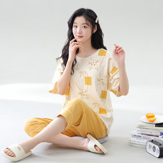 顶瓜瓜睡衣女纯棉带胸垫短袖七分裤套装女休闲夏季薄款睡衣家居服 STS 2629-D# L（建议110-120斤）