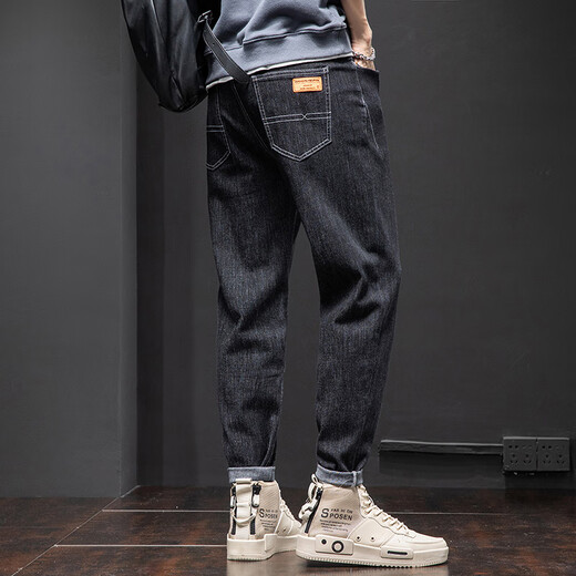 Jeans men's spring and summer new elastic straight-leg pants loose trendy brand Harren casual trousers 6621 black 38