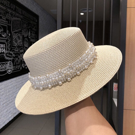 LUCALY新品英伦风平顶礼帽女法式复古赫本风平顶礼帽春夏天出游草 白色 大珍珠草帽