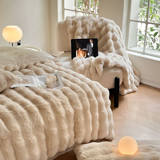 Arctic velvet milk velvet four-piece set winter warm rabbit velvet quilt cover bed sheets and bed cover single three-piece set double bedding Rice apricot [added velvet thickened, suitable for naked sleeping] 1.2m sheet three-piece set-quilt cover 1.5x2.0m