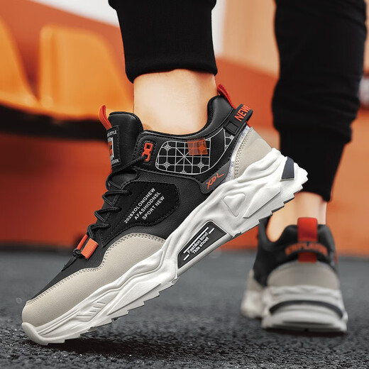 Mountain Flower Creek [optional with velvet] Men's shoes, autumn and winter new cotton shoes, sports and casual running thick soles, versatile dad's trendy shoes, black orange [upgraded version]-2601 39