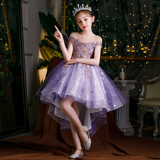 Little Kayi Nong Girl Host Evening Dress Princess Dress Children's Show Piano Performance Clothes High-end Flower Children Wedding Dress Summer Purple Short 1591 Sleeveless 120