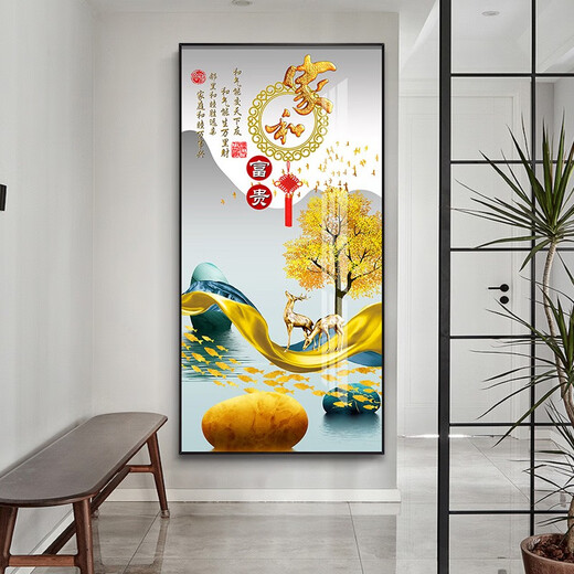Mohu's porch decoration painting vertical modern simple porch painting opposite door mural Nordic corridor entrance paintings. Home and Fugui 12149 Porcelain diamond inlay-90*180 black frame-customized size