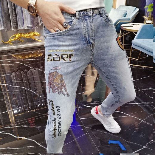 柯捷豪欧洲站秋季潮牌男士牛仔裤白色烫钻刺绣印章仔潮流修身弹力小脚裤 白色6621 29 (腰围2尺2)
