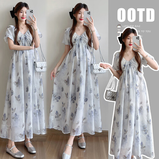 Yibaiyi (yIBAIyI) new maternity dress 2025 summer dress romantic casual V-neck lace waist long skirt loose maternity dress blue M90-115Jin [Jin equals 0.5 kg]
