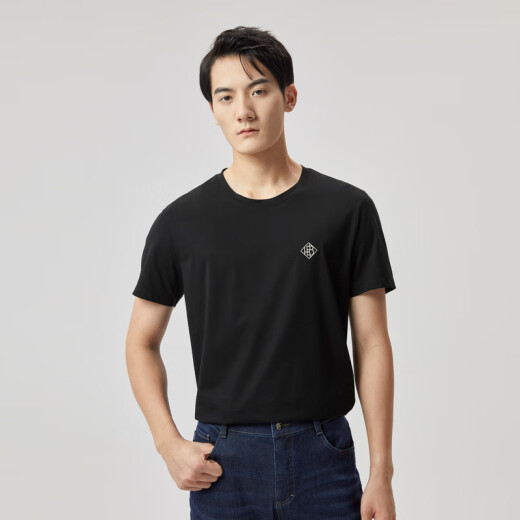 
Jinba Men's Clothing [Same Model in Shopping Mall] Short-sleeved Cotton T-shirt 2025 New Mulberry Silk Round Neck BTCT1301 Black XS (160)
