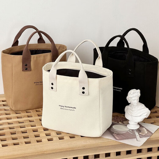 Pengjing canvas handbag canvas bag large capacity simple office worker students versatile work lunch box mommy bento new style simple small square bag [classic black]
