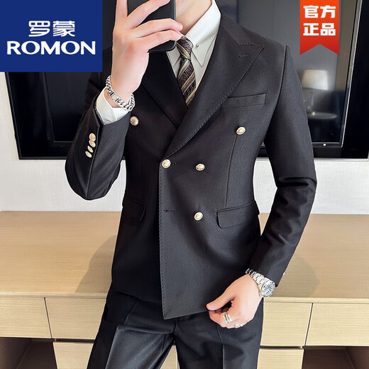 ROMON British suit double-breasted business suit men's Korean version slim solid color casual metal buckle suit spring and autumn black single suit L