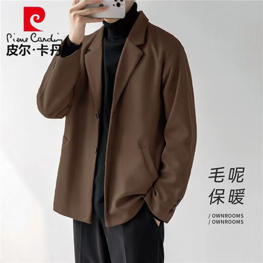 Pierre Cardin (Pierre Cardin) autumn and winter woolen blazer men's high-end light mature style suit thickened woolen coat Korean style casual suit brown woolen + black sweater + plush velvet trousers three 2XL