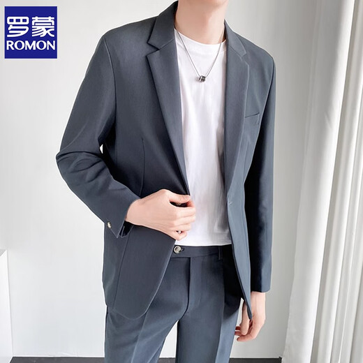 ROMON casual suit suit for men, loose and versatile jacket, high-end Korean version, light business formal wear, handsome little suit for men, two-piece suit, gray blue suit + trousers, XL size