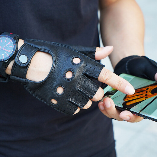 Lootis NOOLDERS men's half-finger retro driving deerskin gloves retro motorcycle riding driving gloves half thin black L size