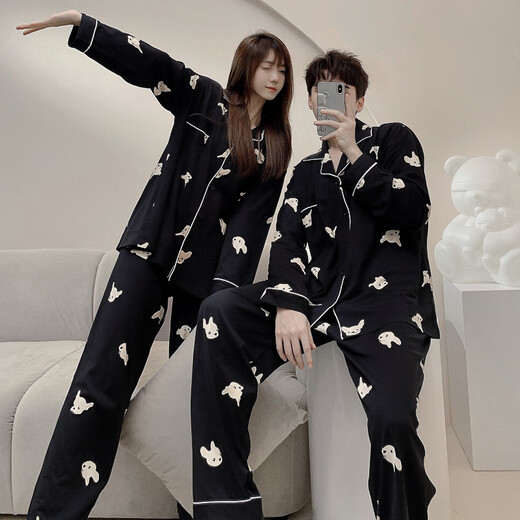 Bo Na Ling couple pajamas for one man and one woman, spring and summer cardigan, long-sleeved trousers, casual men's pajamas, women can wear outside home clothes set, puppy print pajamas, men's XL