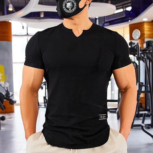 Lutielang tight fitness clothes men's sports short-sleeved round neck quick-drying short-sleeved T-shirt coaching clothes men's muscle training elastic black XXL