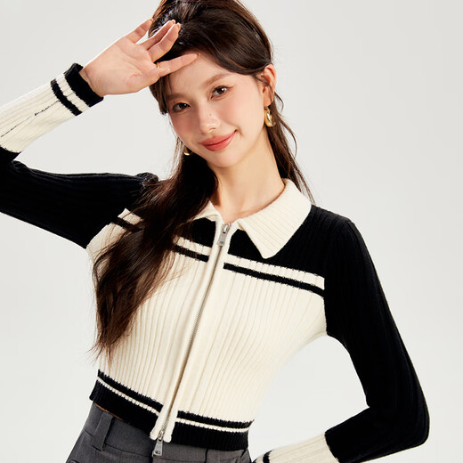 凡兔凡兔翻领弹力短款针织衫女2024春季新款修身麻花毛衣撞色打底衫 黑白色 S