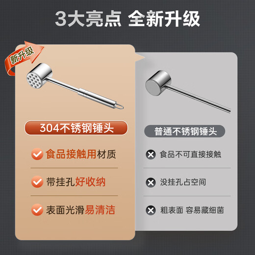 Supor thickened high-quality 304 stainless steel meat hammer, meat loosening hammer, steak hammer, loose meat hammer, pork and beef hammer, meat hammer
