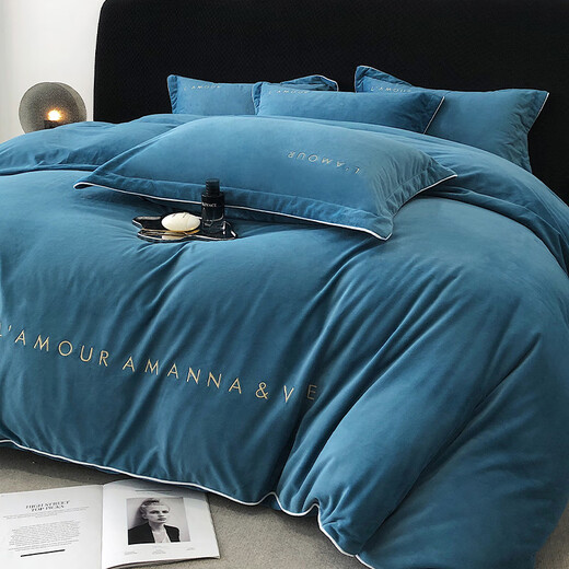 Antarctica Class A milk velvet four-piece winter thickened and warm baby velvet flannel double-sided plus velvet quilt cover sheet set Beloved-Royal Blue 1.8m bed four-piece set quilt cover 200*230cm