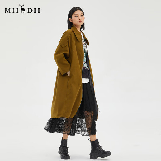 谜底2022冬季新品复古优雅长款宽松羊毛呢大衣外套女229MD6195 灰绿 XS