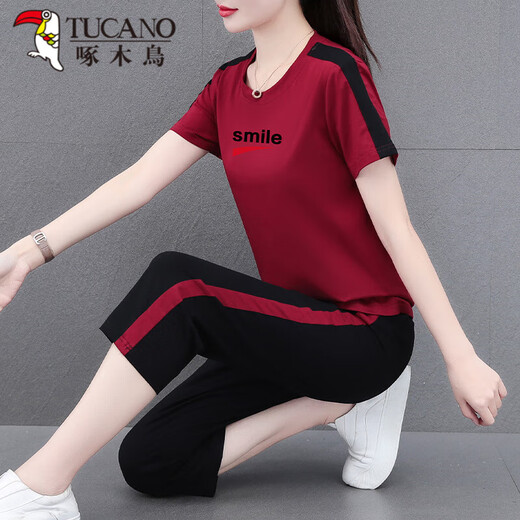 啄木鸟（TUCANO）好棉运动服套装女夏季2024新款中年夏装休闲短袖七分裤两件装 皮红七分裤[687款] M (推荐80-95斤)