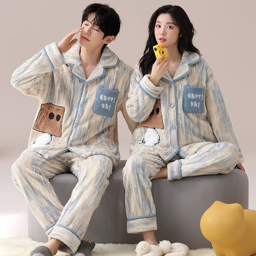 Emanan winter warm coral velvet couple pajamas for women thickened and velvet simple casual flannel men's home wear set GEY7886 women's XL