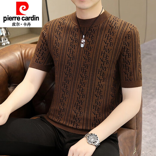皮尔卡丹（pierre cardin）半高领毛衣男士短袖针织衫新款秋冬季加厚打底衫男款保暖半袖t恤 1105咖色 M 90-110斤