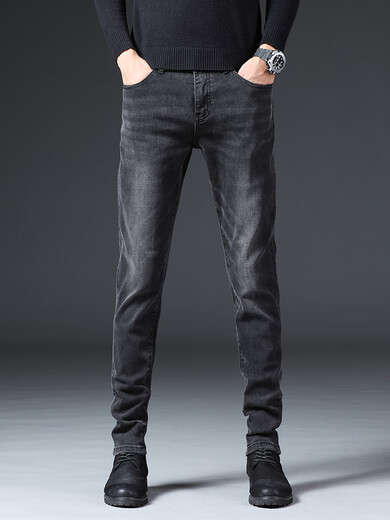 cerejeira luxury men's clothing international first-line brand winter plus velvet jeans men Korean style slim elastic casual pants men 1048 black 36
