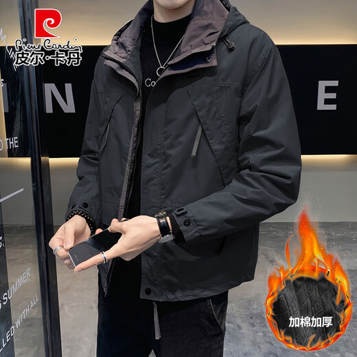 Pierre Cardin 2025 new autumn and winter versatile plus velvet jacket men's casual hooded cotton coat work jacket black-plus velvet style M