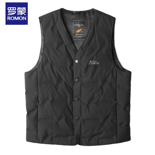 ROMON men's V-neck white duck down vest vest in autumn and winter daddy's outfit warm sleeveless vest top men's jacket 9904 black 170/M