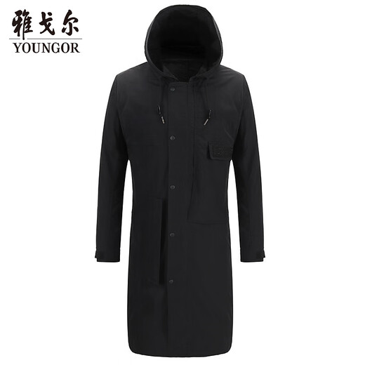 YOUNGOR windbreaker men's hooded long single windbreaker nylon durable, comfortable and breathable men's top jacket black L 175/96A