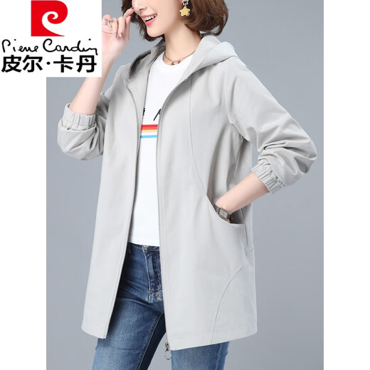 
Pierre cardin pure cotton windbreaker for women in spring and autumn loose large middle-aged mother's outfit temperament casual hooded cotton windbreaker off-white L 110-120Jin [Jin equals 0.5 kg]