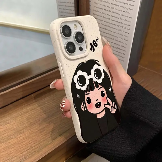 适用于苹果15promax手机壳新款iphone14高级感13pro卡通12比耶情 降解壳-米白色-TDL比耶女孩W695 iPhone 15