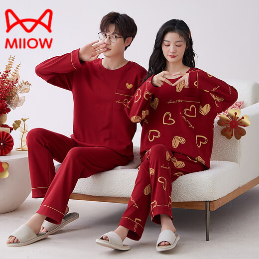猫人（MiiOW）新款红色睡衣结婚新婚情侣套装男女冬秋季新款纯棉长袖喜庆家居服 9227女【双喜临门】 L ( 120斤)