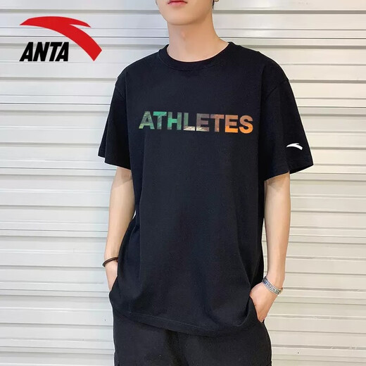 安踏（ANTA）短袖t恤男2025春夏季透气圆领潮牌半袖宽松印花字母打底衫上衣男 -2基础黑【棉涤】 L /175 适合120-140斤