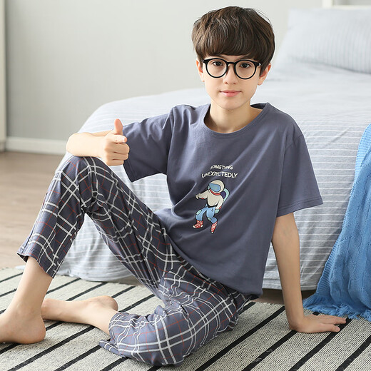 Emberlove Summer Boys Pajamas Niños Niños Medernes y niños grandes Algodón de algodón delgado de primavera y otoño pantalones de manga corta Conjunto de ropa para niños para niños N9926 [Longitud corta] 170 cm Código XL 115-130Jin [Jin equivale a 0.5 kg]