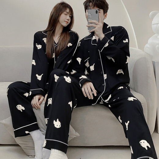 Bo Na Ling couple pajamas for one man and one woman, spring and summer cardigan, long-sleeved trousers, casual men's pajamas, women can wear outside home clothes set, puppy print pajamas, men's XL