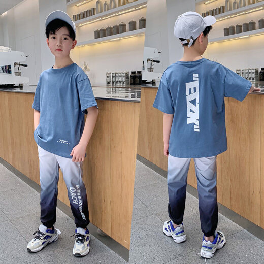 McTicco Boy Suit Summer Camiseta para niños de moda Ropa para niños de moda deportes informales de verano y gran niño moderno a la moda 9767 negro + 5725 gradiente [traje de seda de hielo] 170 tamaño (160-170cm)