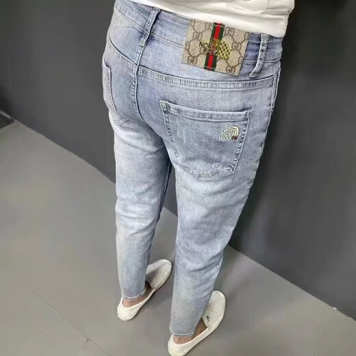xcfreht潮流刺绣牛仔裤男韩版休闲弹力百搭修身小脚裤潮牌高端浅色九分裤 亿牛9930蓝色加绒加厚 29
