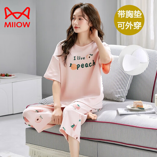 猫人（MiiOW）纯棉睡衣女士夏季带胸垫薄款短袖七分裤外穿休闲夏天家居服套装 带胸垫七分：Y-2601 女XL码