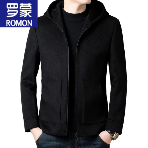 罗蒙（ROMON）秋冬季羊毛大衣男短款连帽中年双面呢高端羊毛绒毛呢外套夹克 黑色 175/L