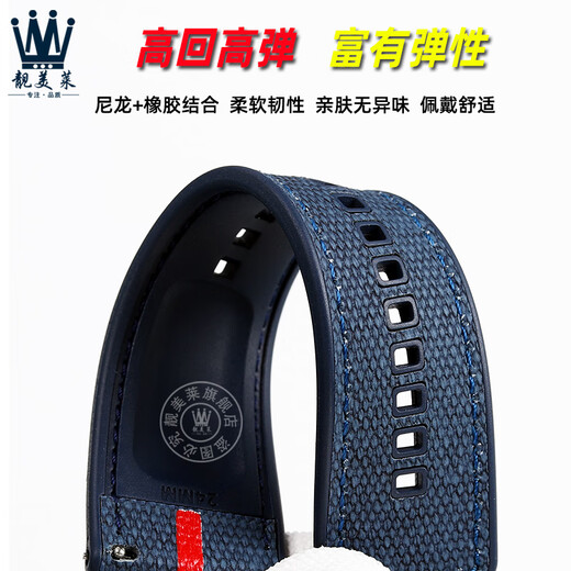 靓美莱适配沛纳海潜行PAM1391/1565庐米诺PAM01404系列尼龙橡胶手表带男 蓝色原线  银色针扣 24mm表带宽度
