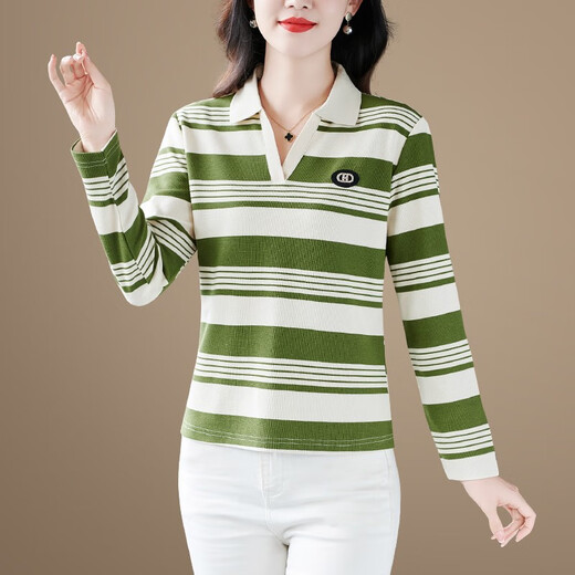 Fangluyu Langarmed T-Shirt für Frauen im Frühjahr und Herbst neuer Stil der Mutter des mittleren Alters mittleren Alters High-End-Baumwoll-Revers-Polo-Hemd Casual T-Shirt Lose T-Shirt 6636 Olive Green One Size M empfohlen, 85-95 Jin zu tragen [Jin gleich 0,5 kg]