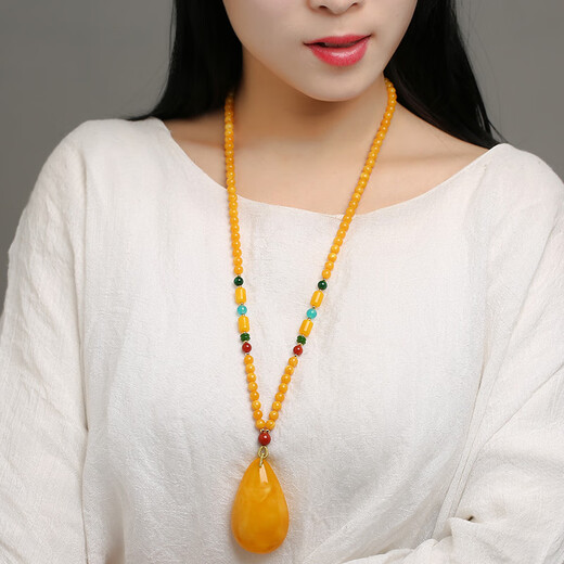 Qiongque Pavilion Beeswax Pendant Amber Raw Stone Chicken Fat Yellow Honey Water Drop Square Brand Blood Amber Sweater Necklace for Men and Women Beeswax Water Drop C Bead Chain Style