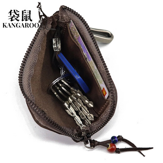 Känguru (Känguru) Top -Layer -Gemüse gebräunte Lederschlüsseltasche für Frauen handgefertigtes alte Wäsche Kuhläbner Retro -Stil Reißverschluss -Autotür für Männer für Männer hellbraun