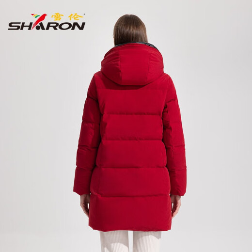 雪伦中长款羽绒服女简约百搭袖标秋冬外套 13567 玄青黑 2XL