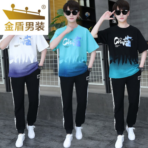金盾（JINDUN）青少年夏季短袖恤男孩12-15岁初高中学生套装16帅气大童夏装衣服 套装TZ9226款白蓝色 3XL 【135-165斤】