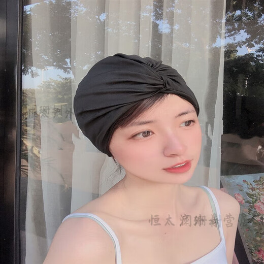 Zailu swimming cap fabric swimming cap for women with long hair that does not tie the head, cute Japanese style showing face, small enlarged head circumference, black trendy cloth, black hat + earplugs and nose clip set